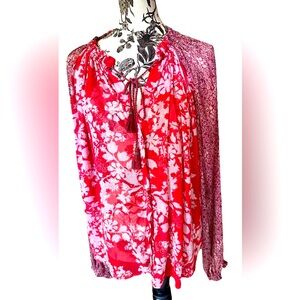 Free People Blouse Women Large Boho Floral Print Long Sleeve Peasant Tassel  Top